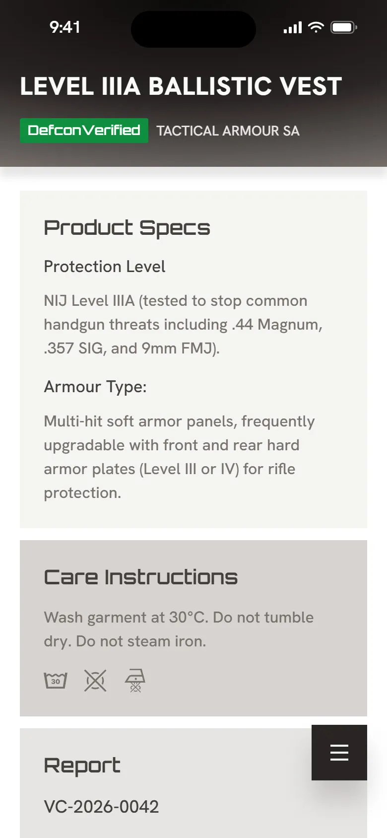 A phone scans a DefconVerify QR code and opens the passport for a Level IIIA ballistic vest, marked DefconVerified, with specs and care instructions.