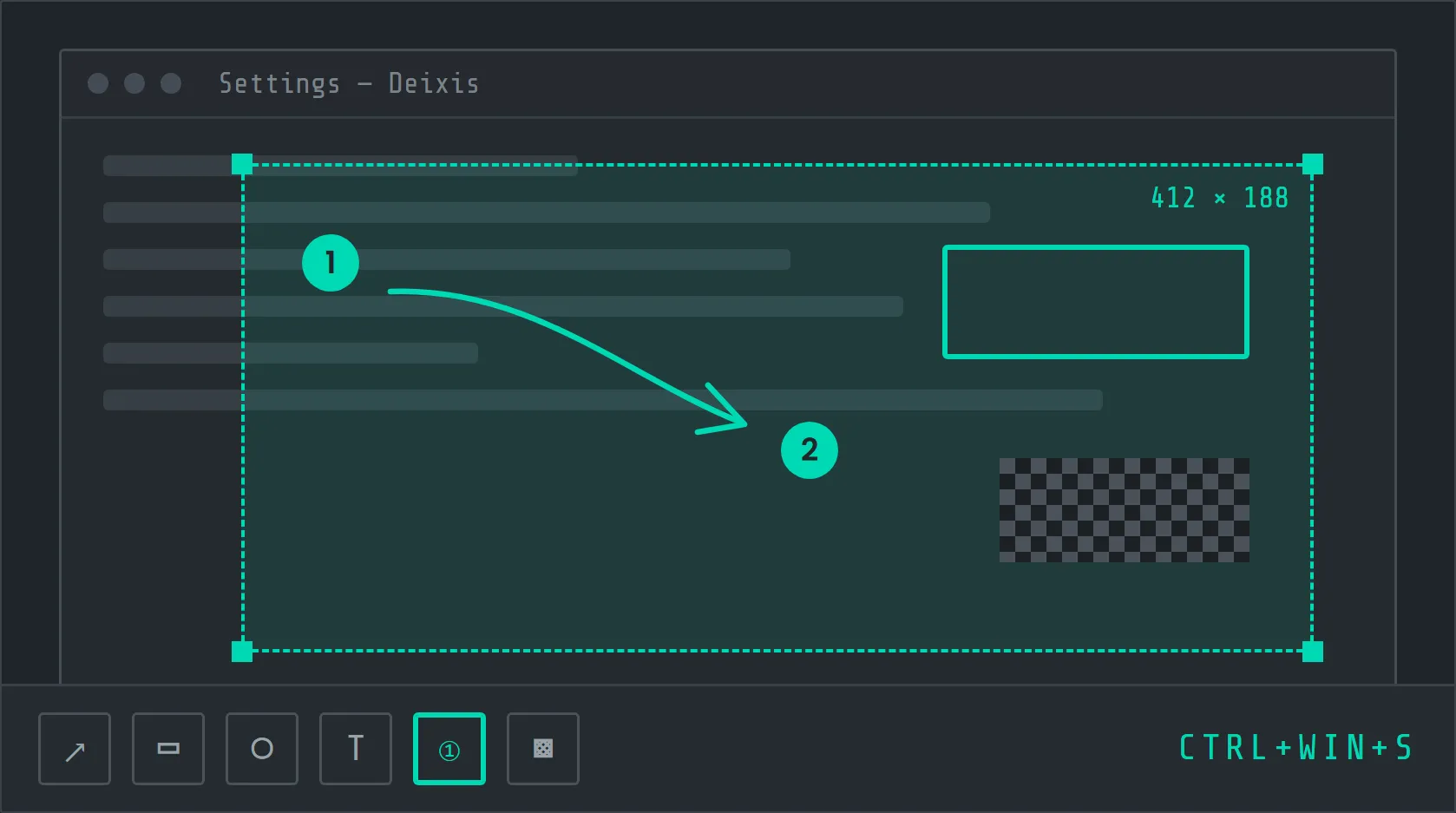 A screen grab over a settings window, annotated with numbered steps, an arrow, a box and a pixelated area.