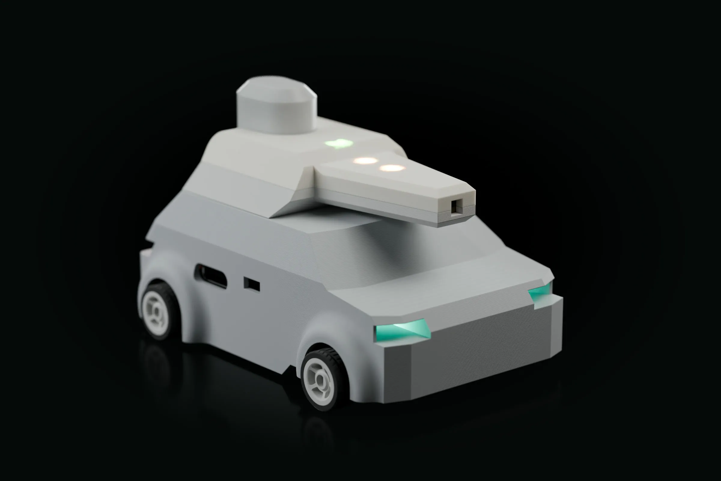 Studio render of the Zappit Racer: a light grey 3D-printed body with teal headlights glowing through its light windows, and the IR turret seated in the roof, its translucent cover lit from inside by the charge LEDs.