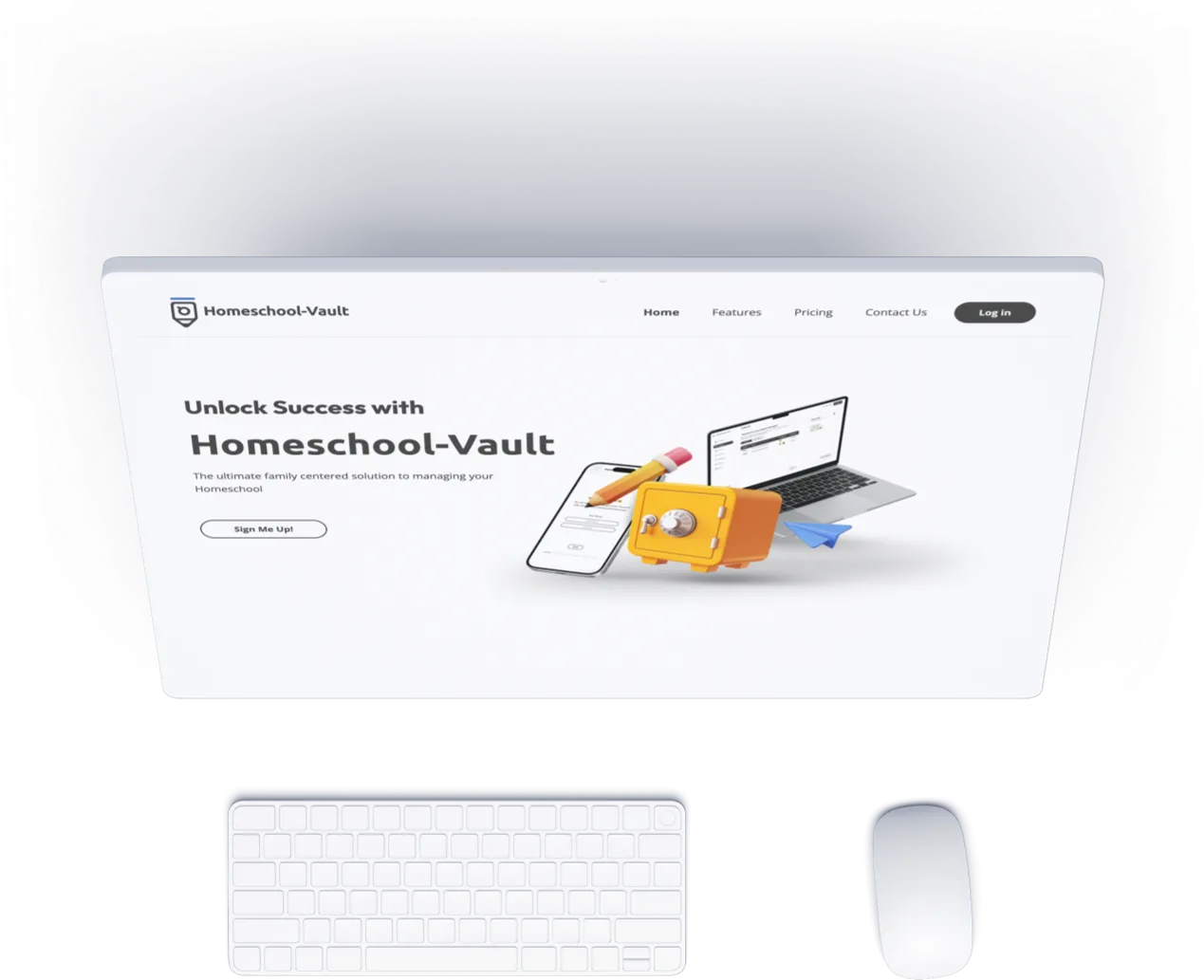 Homeschool-Vault landing page on a desktop monitor.