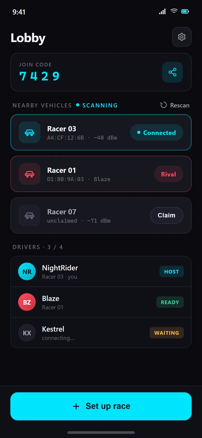 Lobby screen: a four-digit join code, nearby cars found over Bluetooth and the drivers in the lobby.