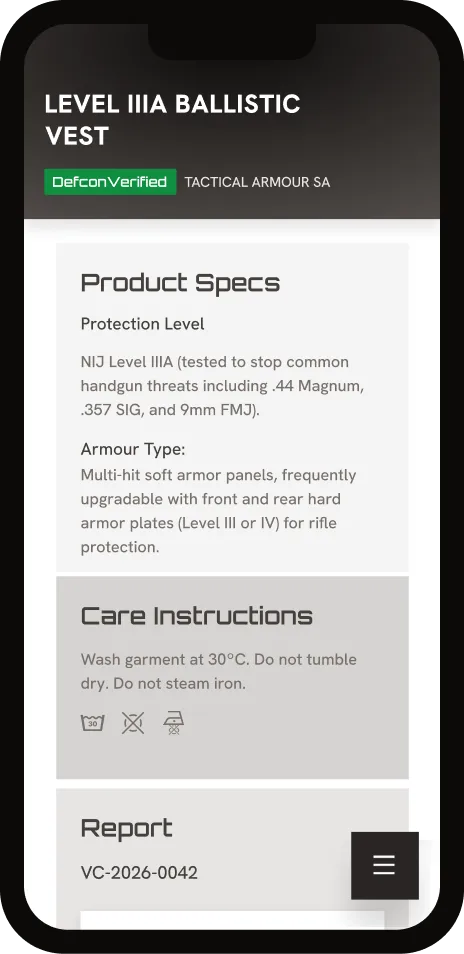 A DefconVerify passport screen for a Level IIIA ballistic vest, showing product specs, care instructions and the linked test report.