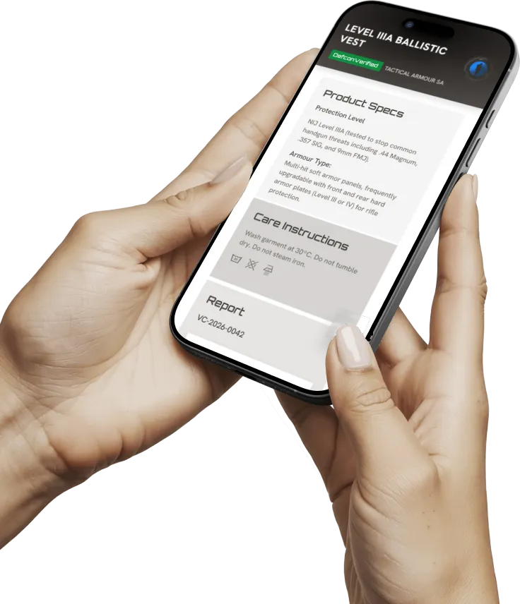 Hands holding a phone showing a DefconVerify passport for a Level IIIA ballistic vest, marked DefconVerified, with product specs and care instructions.