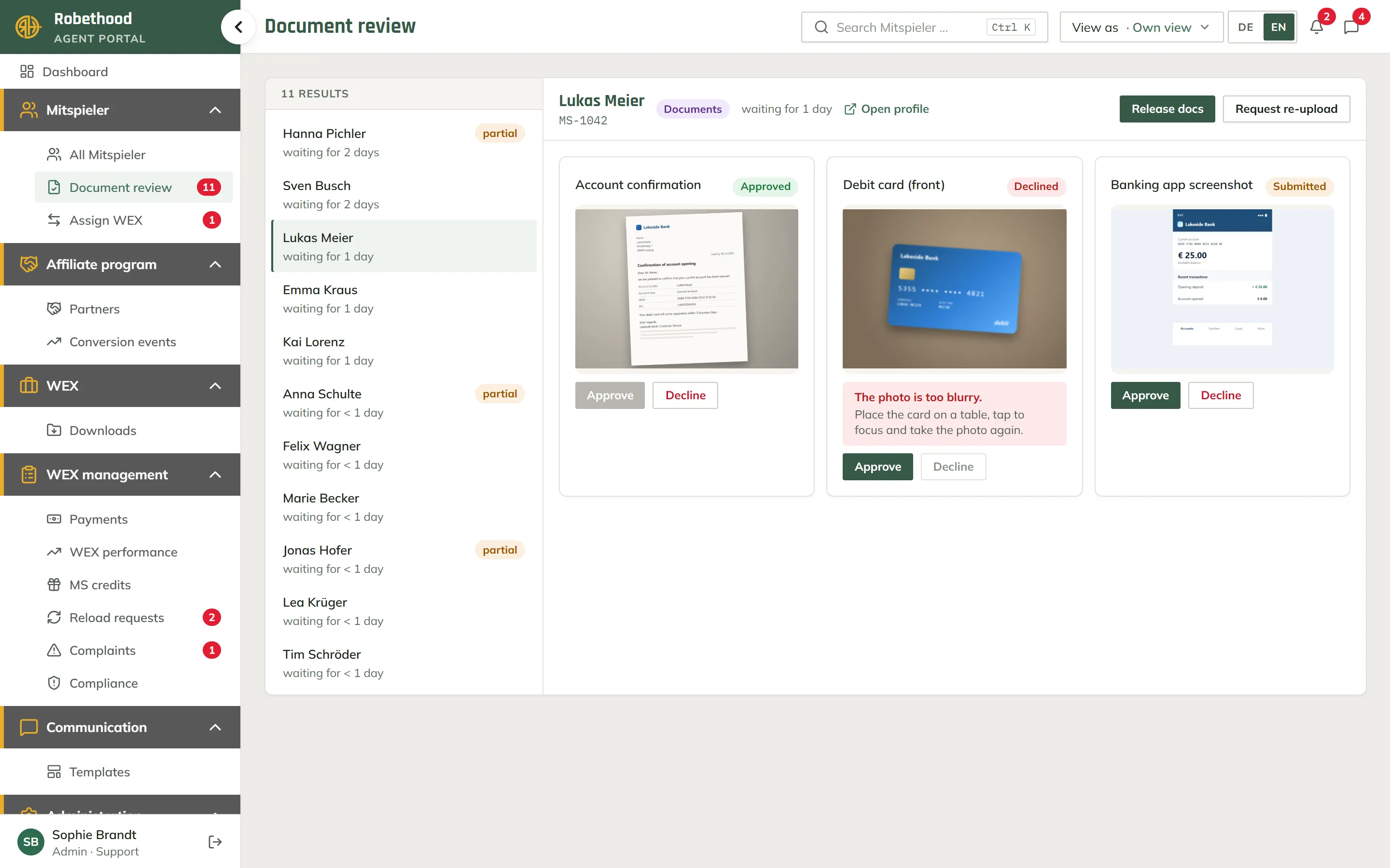 Robethood agent portal, document review: a queue of members waiting for review and three uploaded bank documents, each with Approve and Decline actions. Shown with fictional demo data.