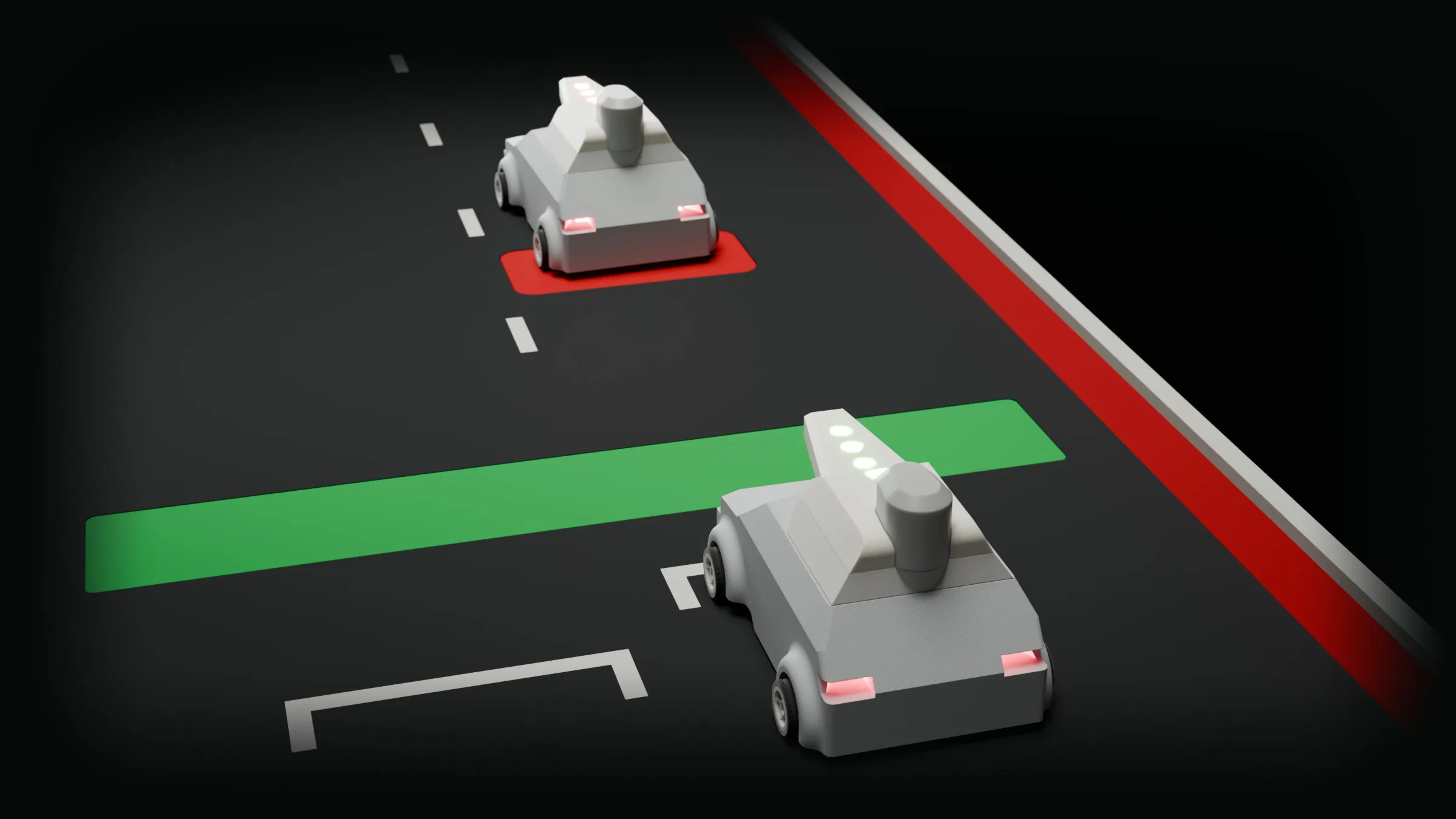 Render from above and behind two Zappit Racers on the 3D-printed track: the chasing car sits in its start-grid slot at the green start line, its turret showing green fire lights; the car ahead shows red hit lights on a red spinout strip, with the red and white kerb along the infield.